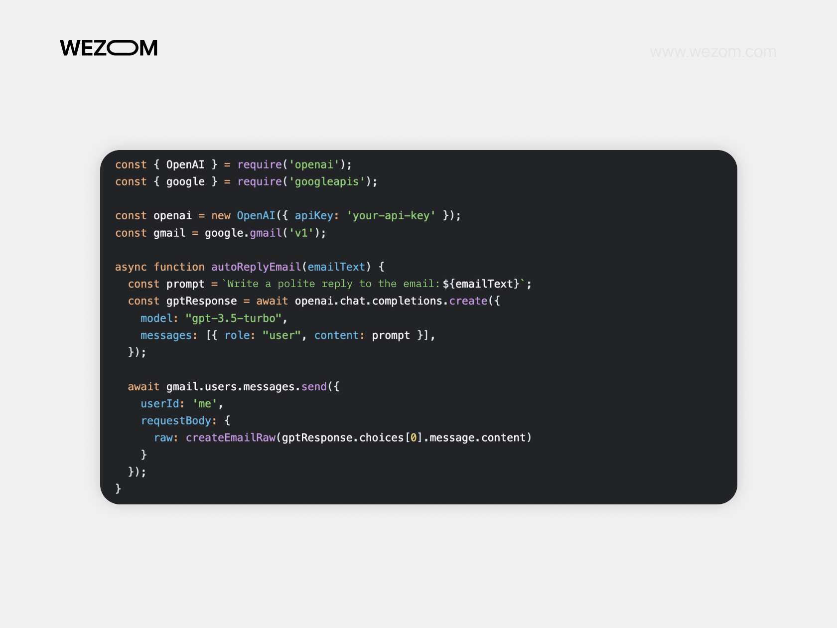 Node.js code for automatic email replies using OpenAI API with Gmail API integration